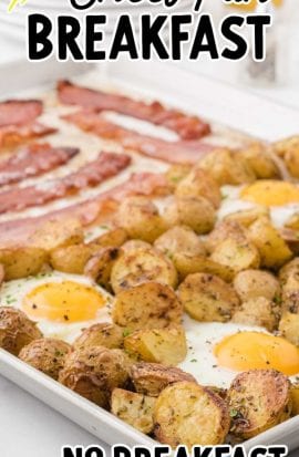 close up shot of sheet pan breakfast garnished with parsley in a sheet pan