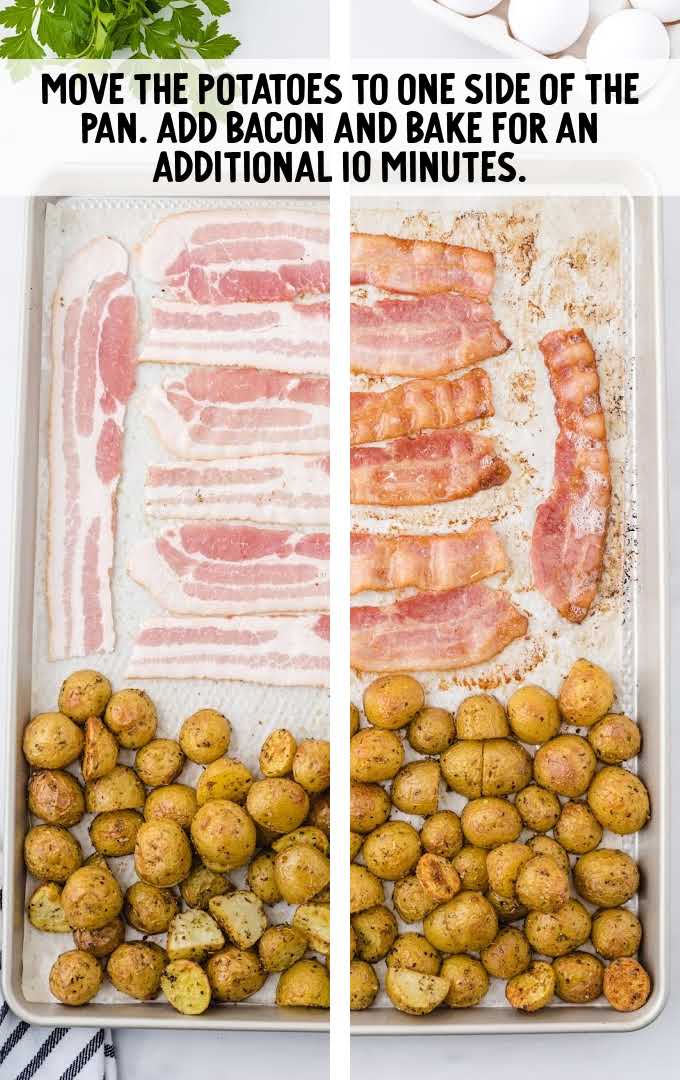 sheet pan breakfast process shot before and after bacon and potatoes are baked in a sheet pan