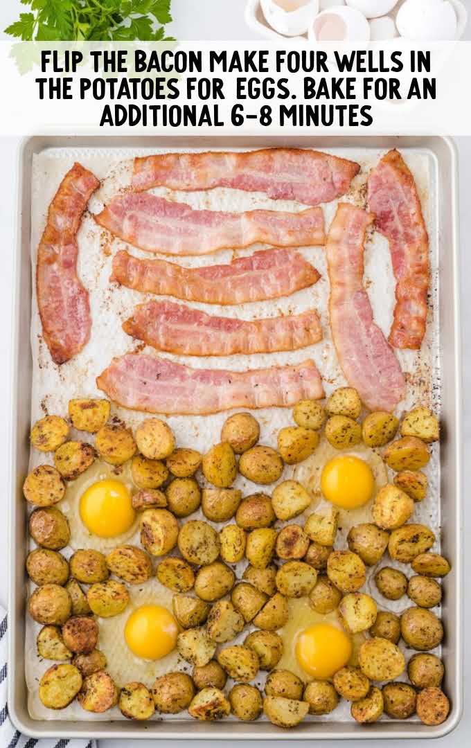 sheet pan breakfast process shot of bacon, potatoes, and uncooked eggs in a sheet pan