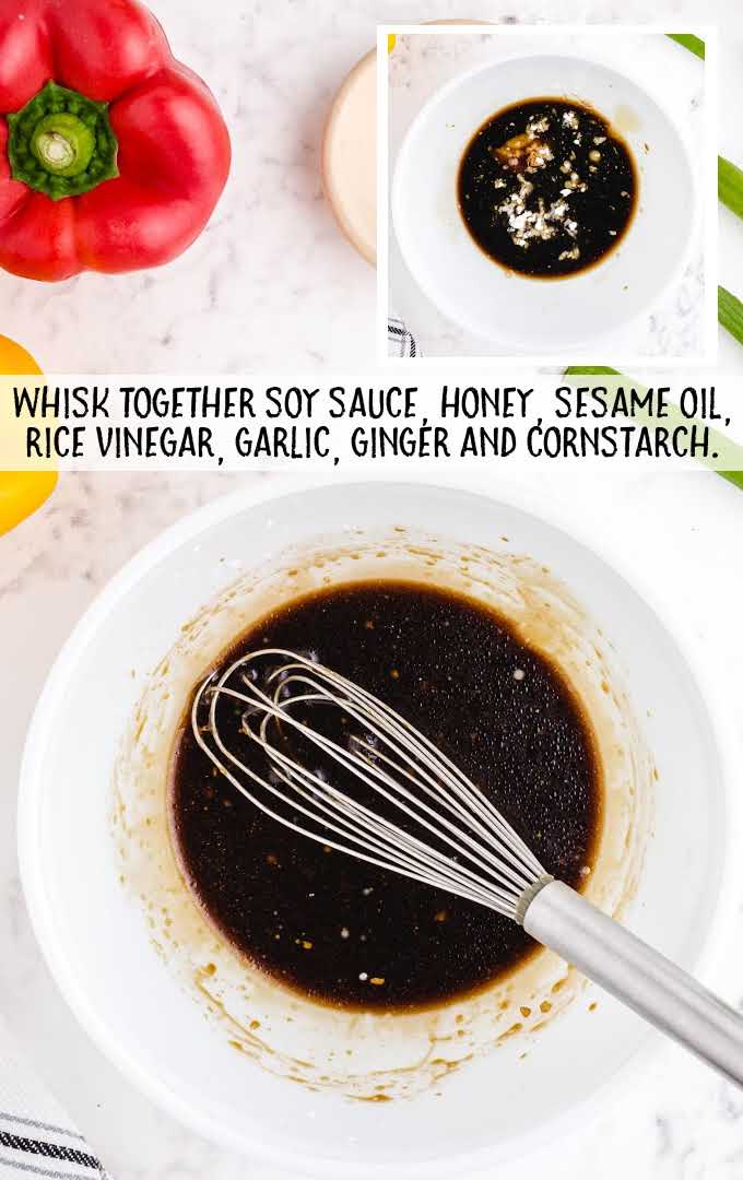 soy, honey, sesame oil, rice vinegar, garlic, ginger and cornstarch whisked together in a bowl