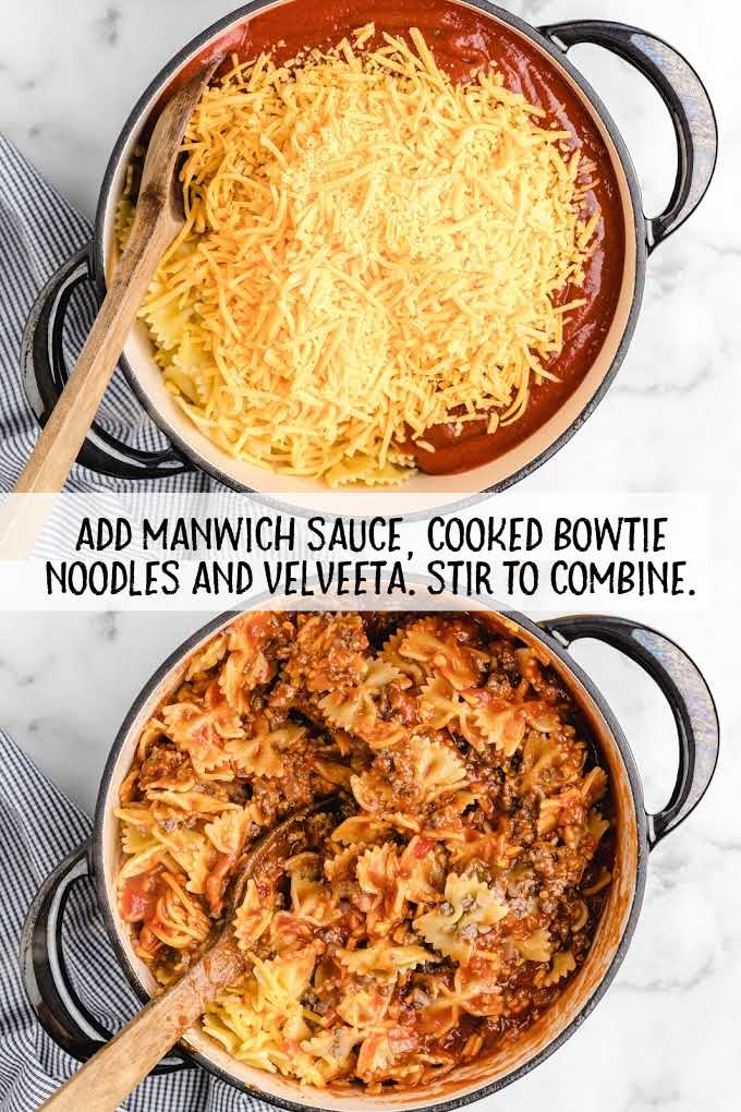 manwich sauce, cooked bowtie noodles, and velveeta combined 