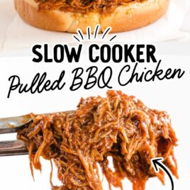 close up shot of a pulled bbq chicken sandwich and close up shot of a piece of pulled bbq chicken on tongs