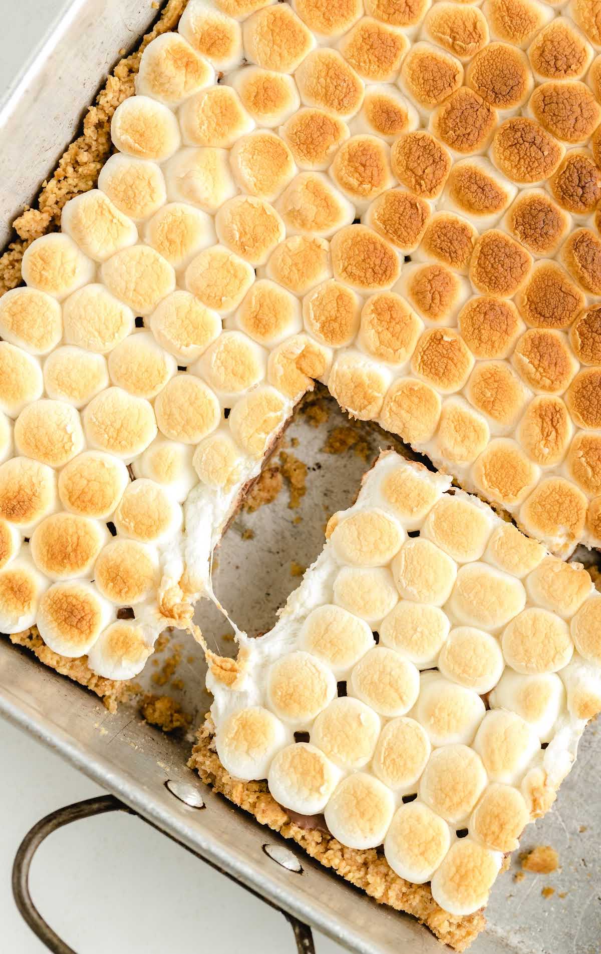 close up overhead shot of Smores Bars in a baking dish