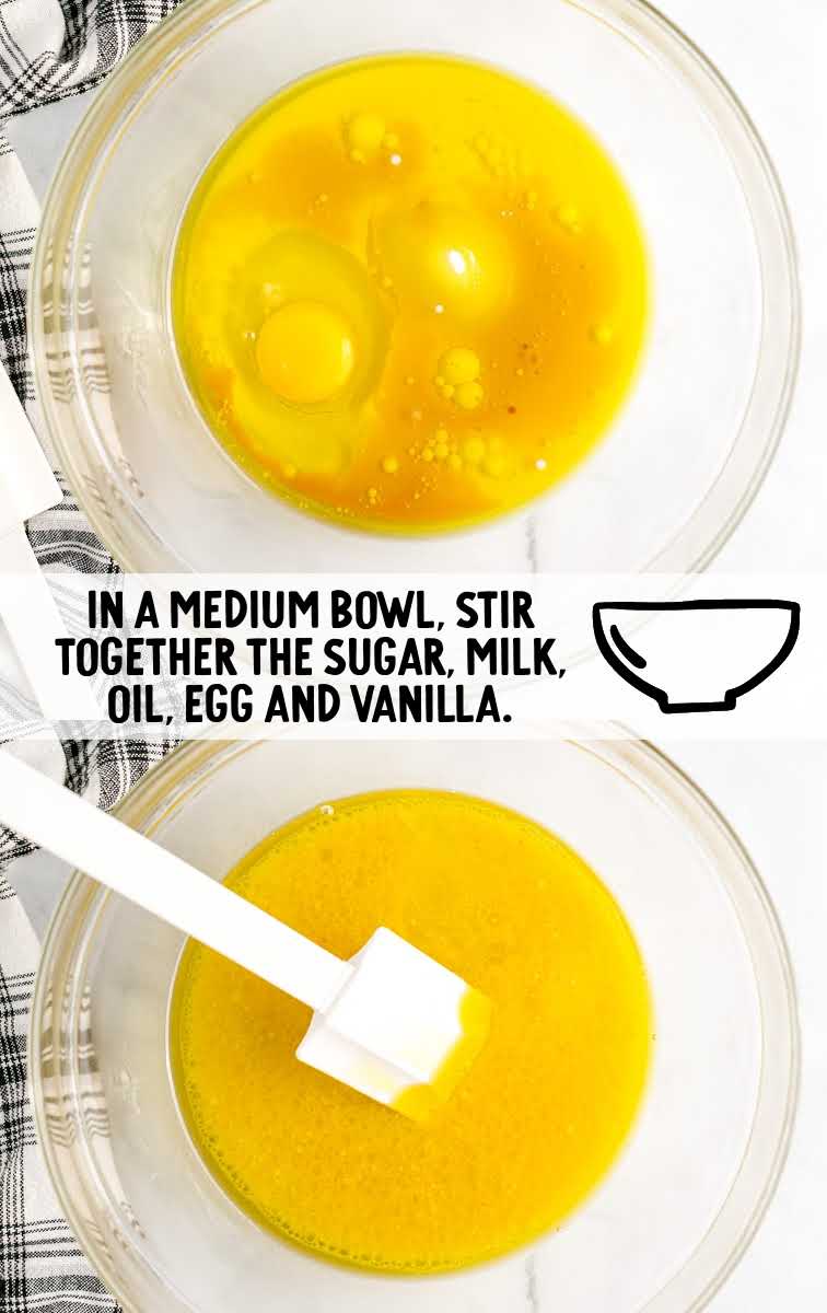 sugar, milk, oil, and vanilla mixed together in a bowl