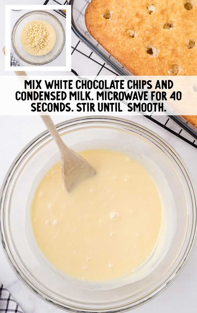 white chocolate chips and milk being mixed together in a bowl