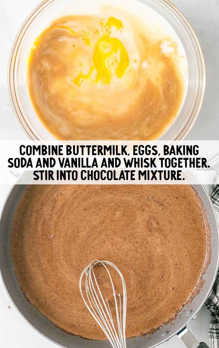 buttermilk, eggs, baking soda, and vanilla whisked together in a bowl and in a pot