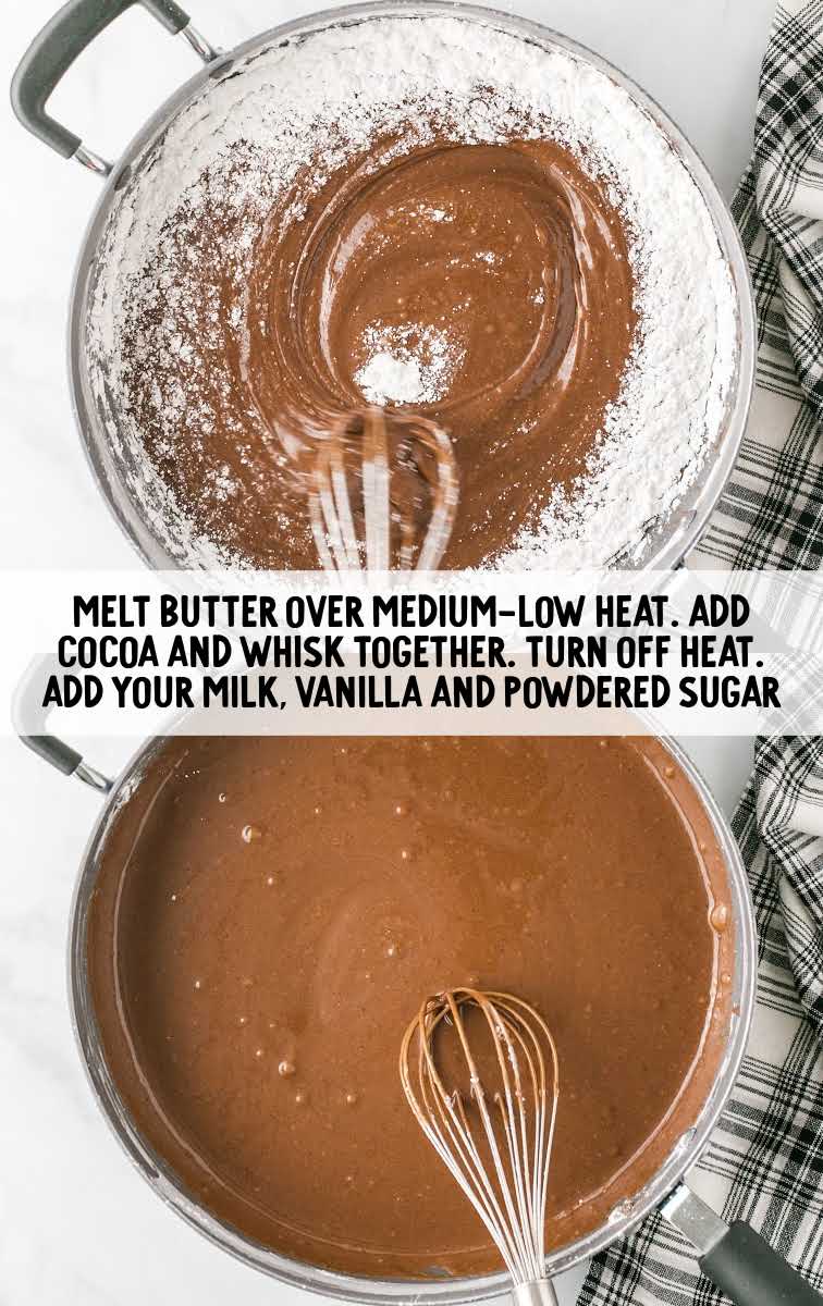 melted butter and cocoa being mixed together in a pot