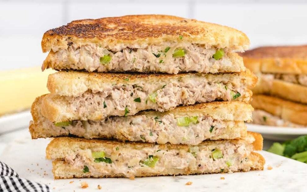 close up shot of Tuna Melt sandwiches stacked on top of each other