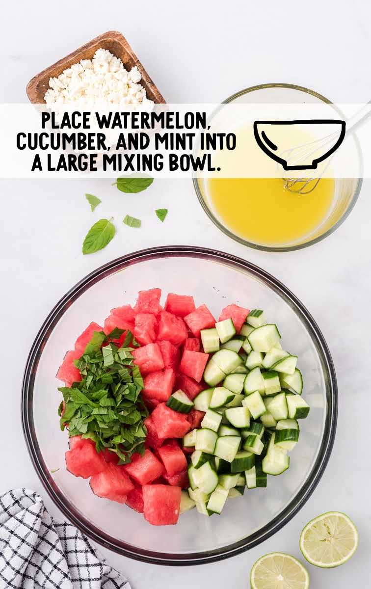 watermelon salad process shot of ingredients in a bowl