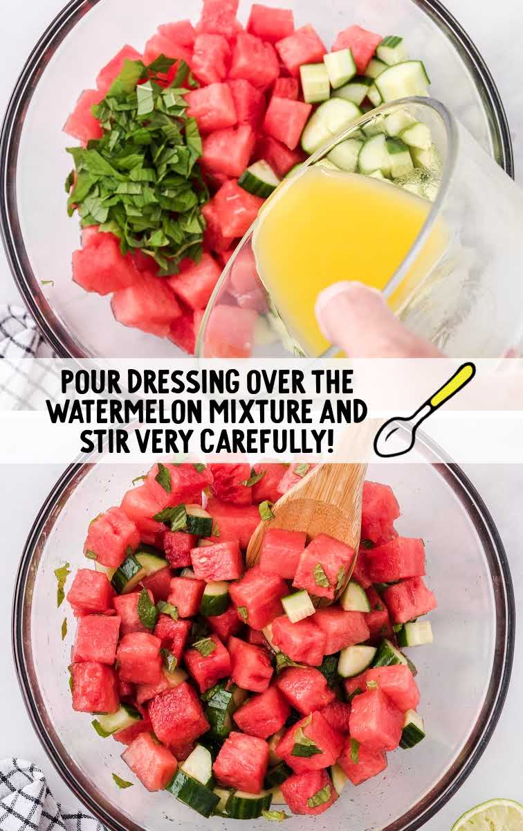 watermelon salad process shot of dressing being poured over salad and mixed together
