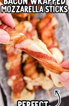 close up shot of bacon-wrapped mozzarella sticks being pulled apart