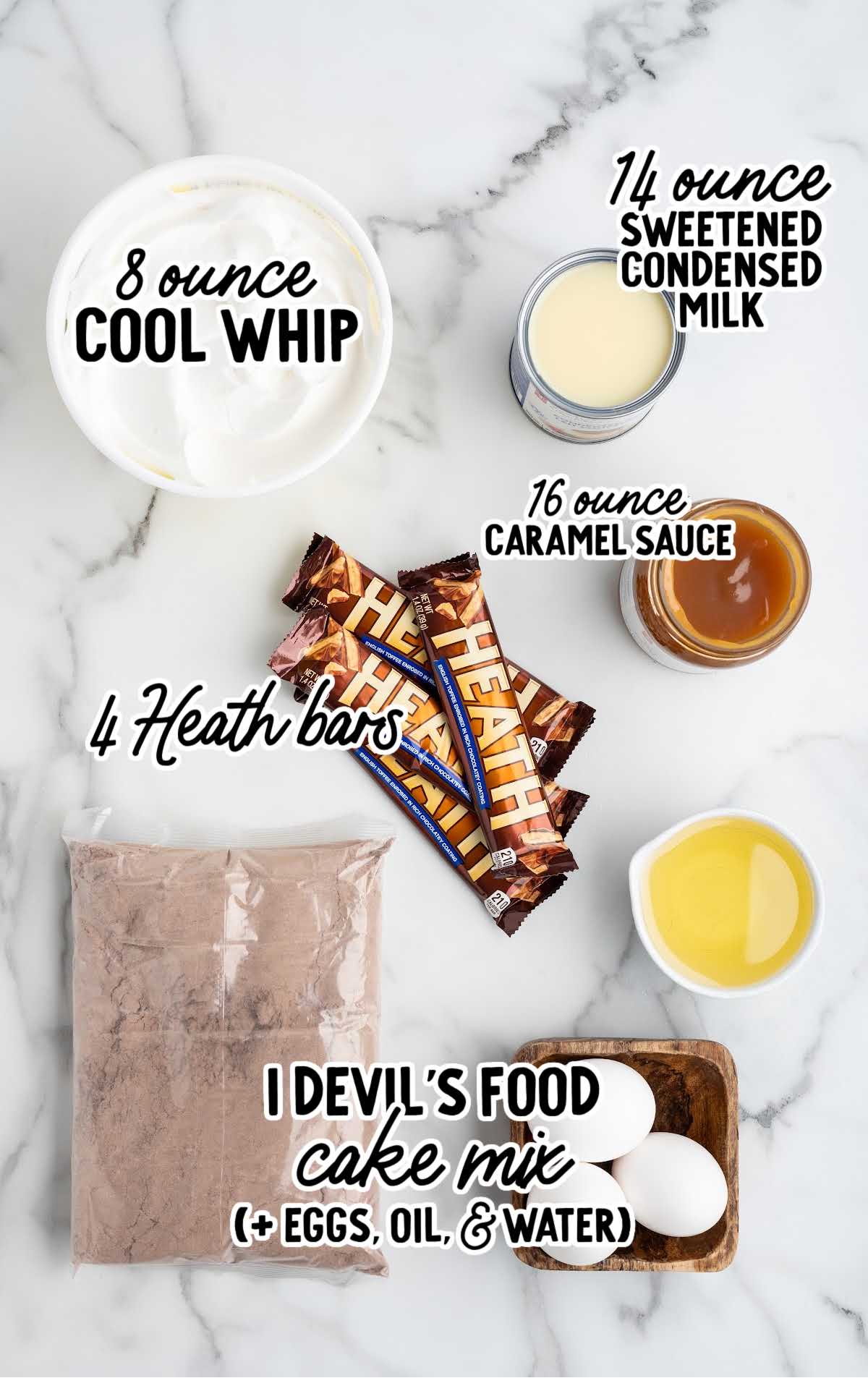 Overhead view of ingredients for better than sex cake including devil’s food cake mix, eggs, oil, Cool Whip, Heath bars, caramel sauce, and sweetened condensed milk.
