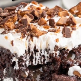 Pinterest image of better than sex cake slice with whipped topping and chopped Heath bars, labeled “Better Than Sex Cake – Vintage Recipe.”