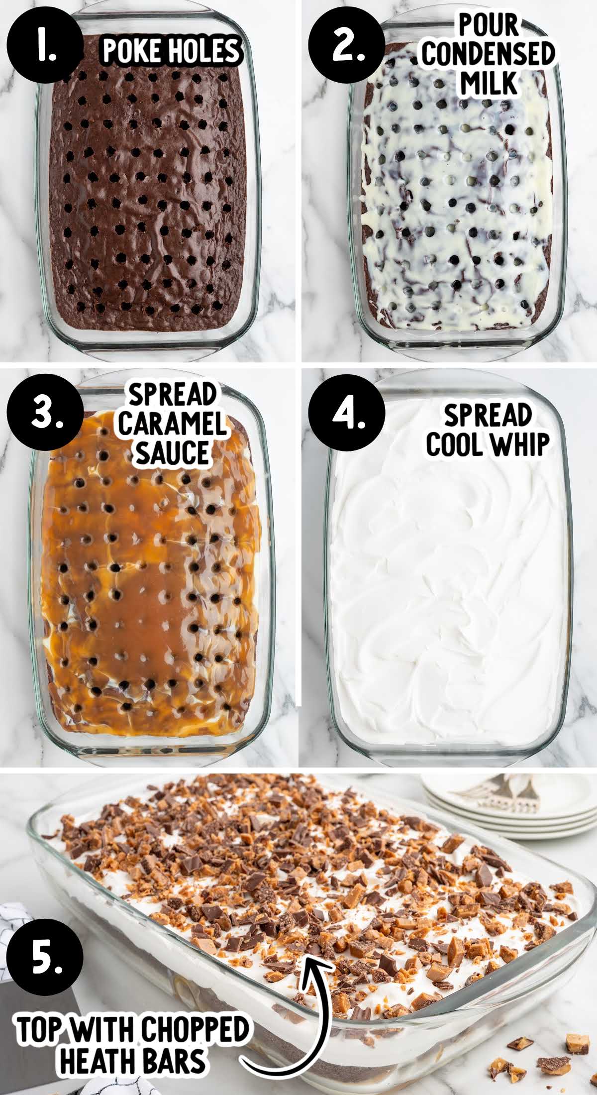 Step-by-step process shots showing poking holes in chocolate cake, pouring condensed milk, spreading caramel, adding Cool Whip, and topping with chopped Heath bars.