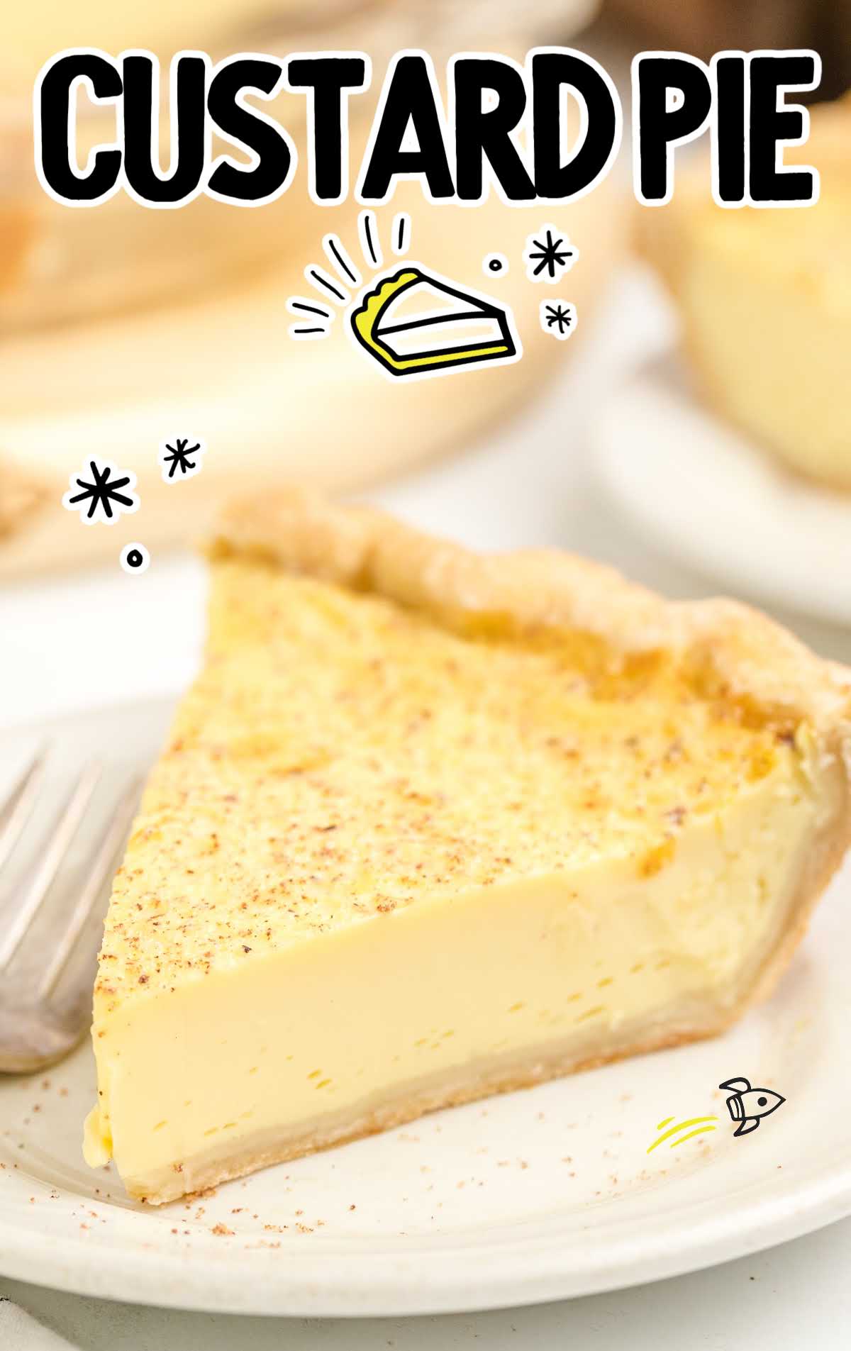 A freshly baked custard pie with a slice removed, showcasing its creamy filling and flaky crust, topped with a sprinkle of nutmeg.