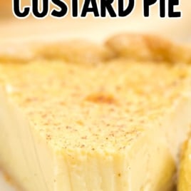 A full pie with a golden custard filling and flaky crust, text overlay saying “Super Creamy Custard Pie – Easy Vintage Recipe.”