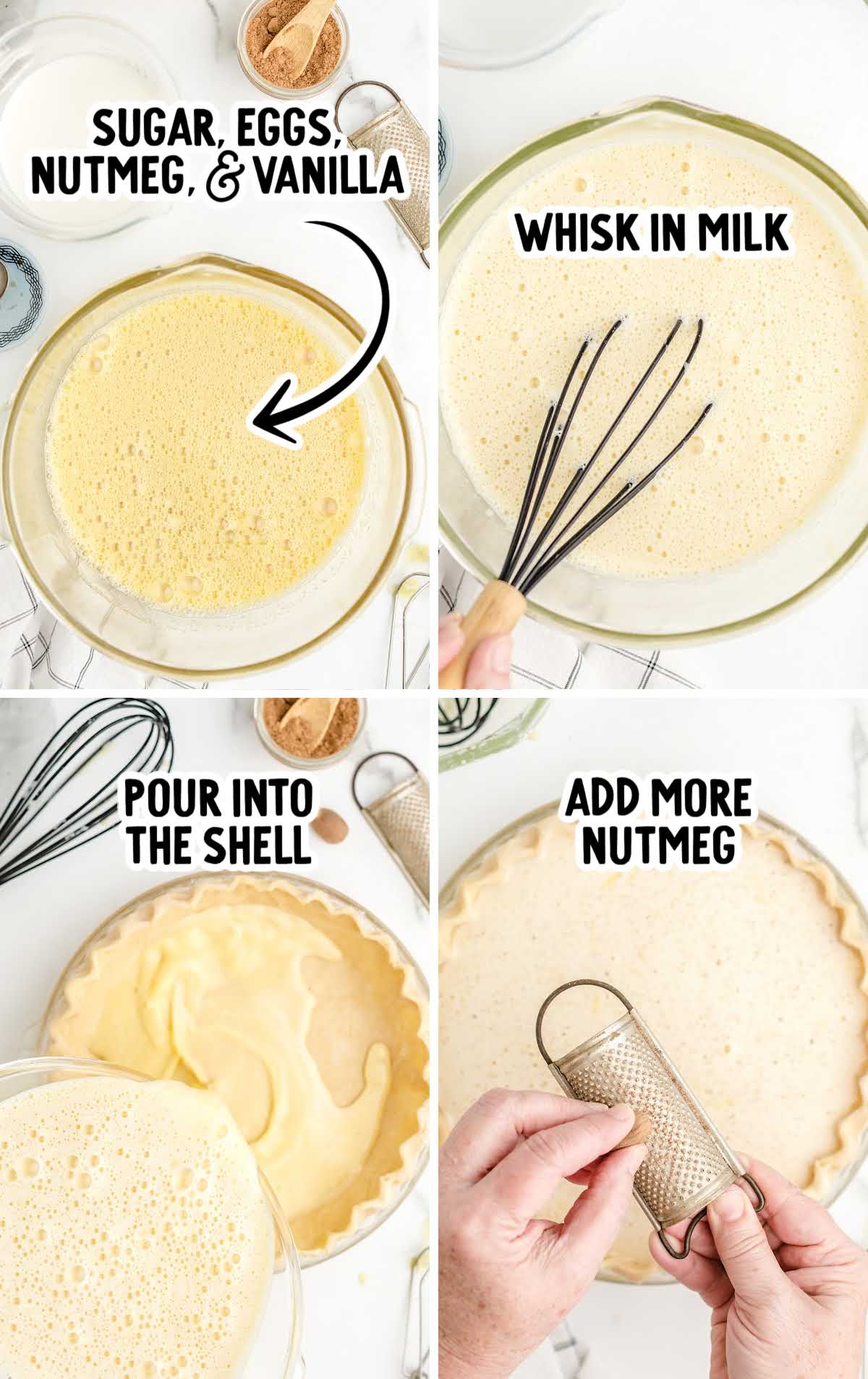 Overhead collage of custard pie filling being made, showing steps for whisking ingredients and pouring into pie shell