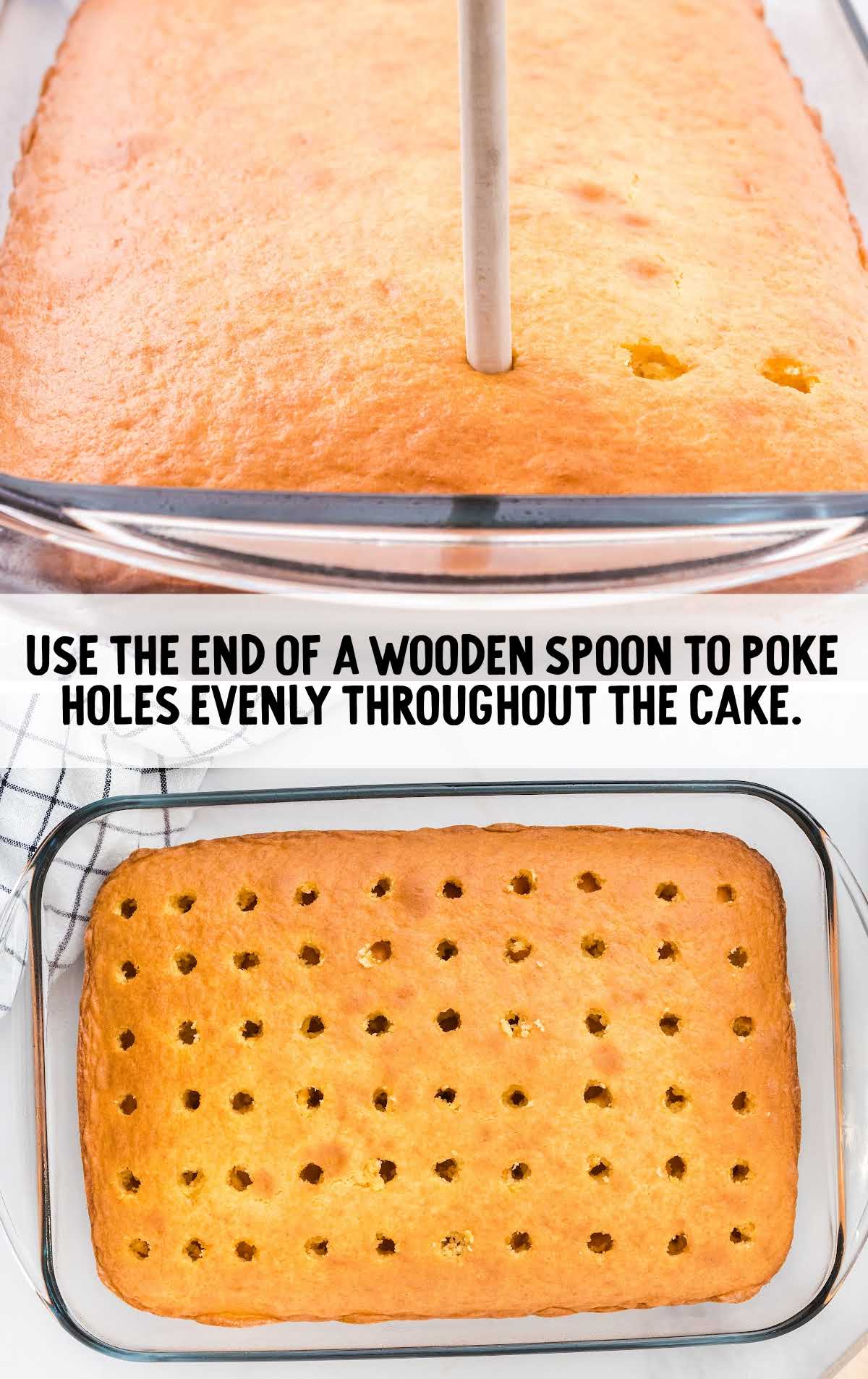 cake being poked with holes with a wooden spoon
