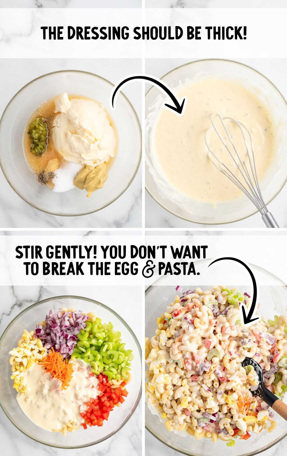 Step-by-step process of making macaroni salad, from mixing dressing to combining ingredients in a large bowl.