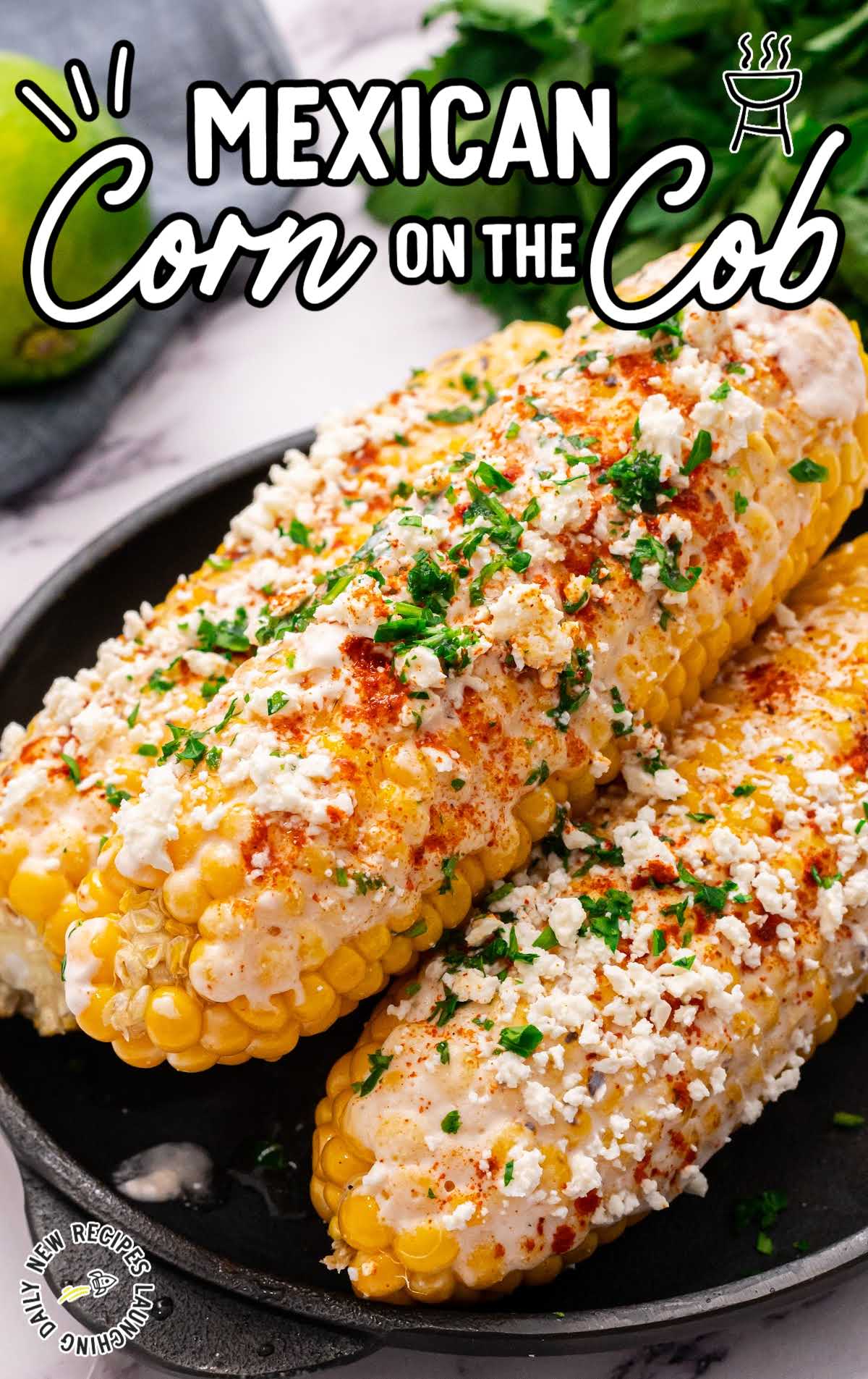 close up shot of Mexican Corn on the Cob topped with parsley