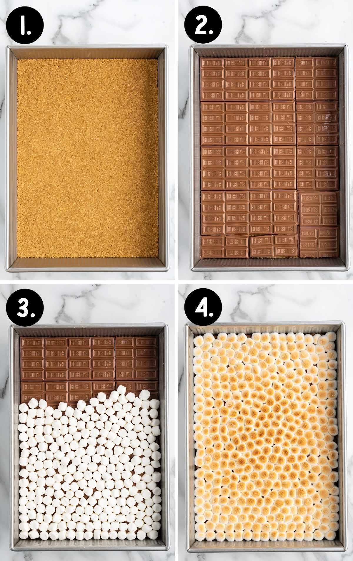 Four-step process photo showing how to make s’mores bars: graham cracker crust, chocolate layer, marshmallows, and toasted topping.