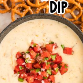 overhead shot of White Queso Dip topped with tomato mixture