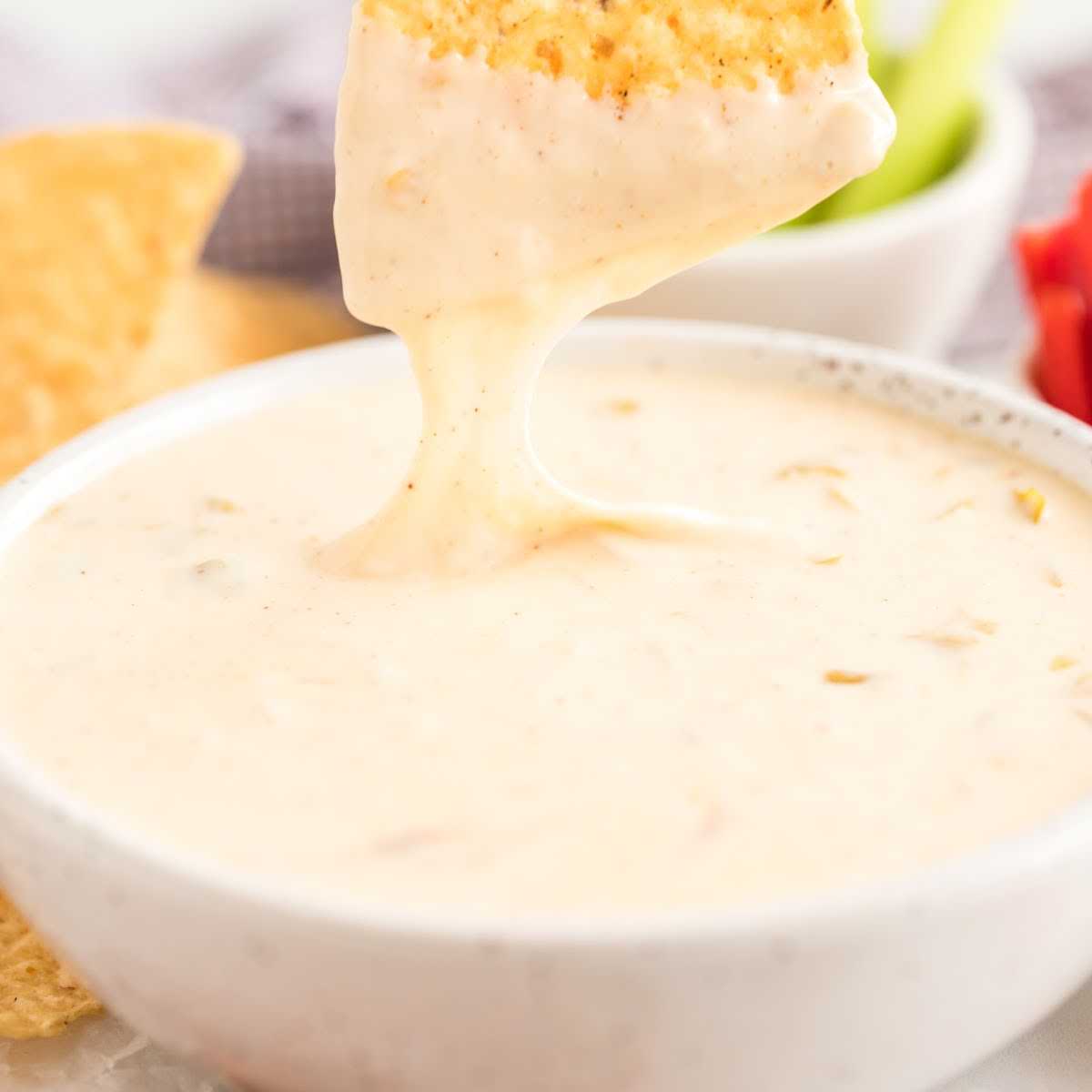 close up shot of a tortilla chip being dipped into a bowl of white queso dip