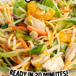 A bowl of Chinese Chicken Salad with shredded chicken, lettuce, carrots, mandarins, and crunchy noodles. Text reads “Chinese Chicken Salad Recipe” and “Ready in 20 minutes!” Smaller images show salad ingredients and a prepared bowl.