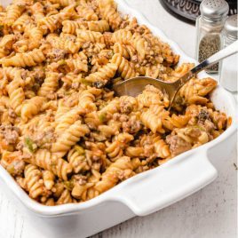close up shot of amish casserole in a baking dish