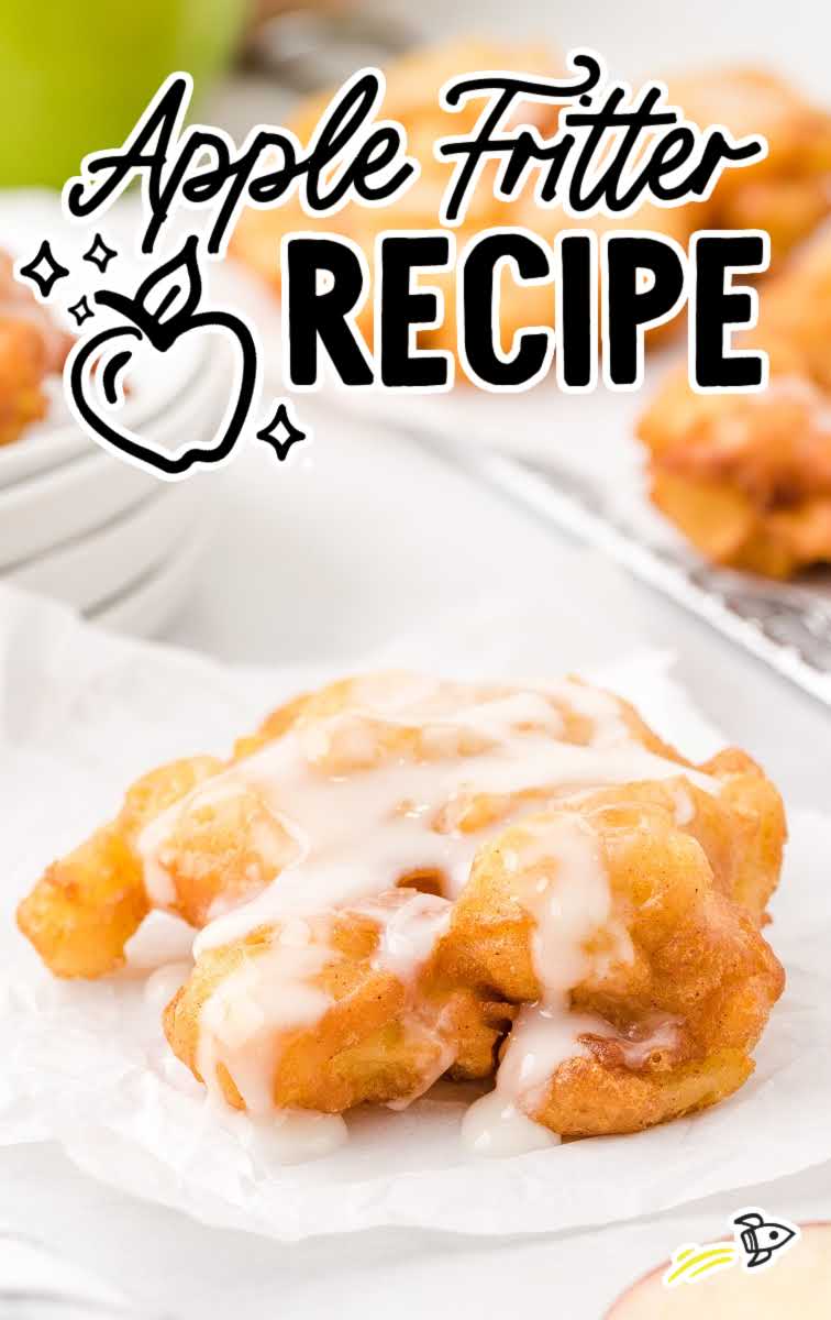 close up shot of apple fritter recipe topped with a glaze on a parchment paper