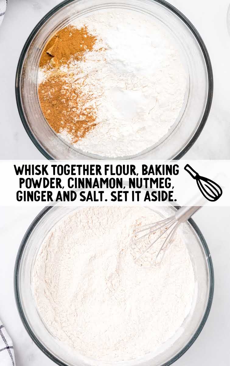 flour, baking powder, cinnamon, nutmeg, ginger, and salt being whisked together in a bowl