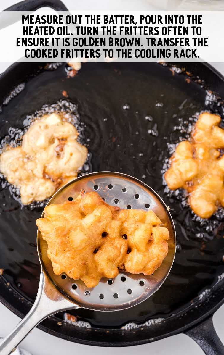 apple fritter recipe process shot of batter being fried in a skillet