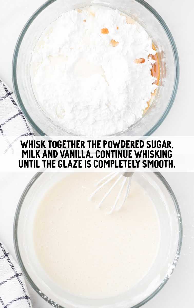 powdered sugar, milk, and vanilla being whisked together in a bowl