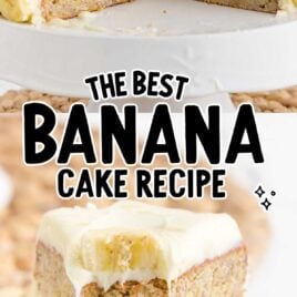 Banana Cake topped topped with slices of banana with a slice missing in a cake stand and a close up shot of a slice of Banana Cake