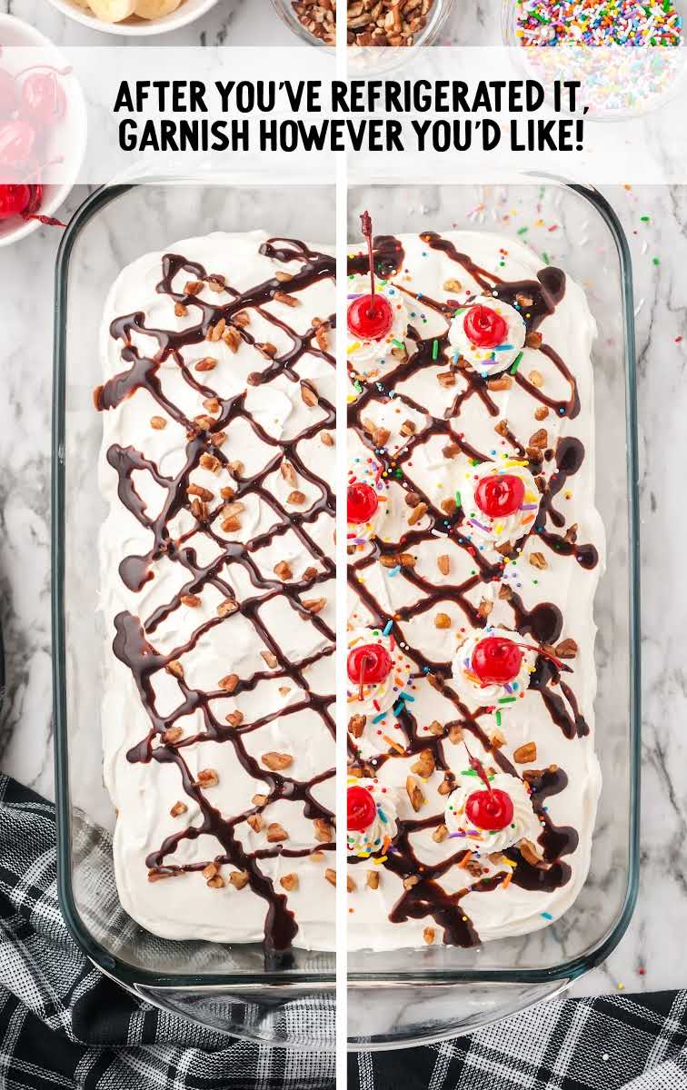 cake being topped with chocolate syrup, sprinkles, whipped cream, and cherries
