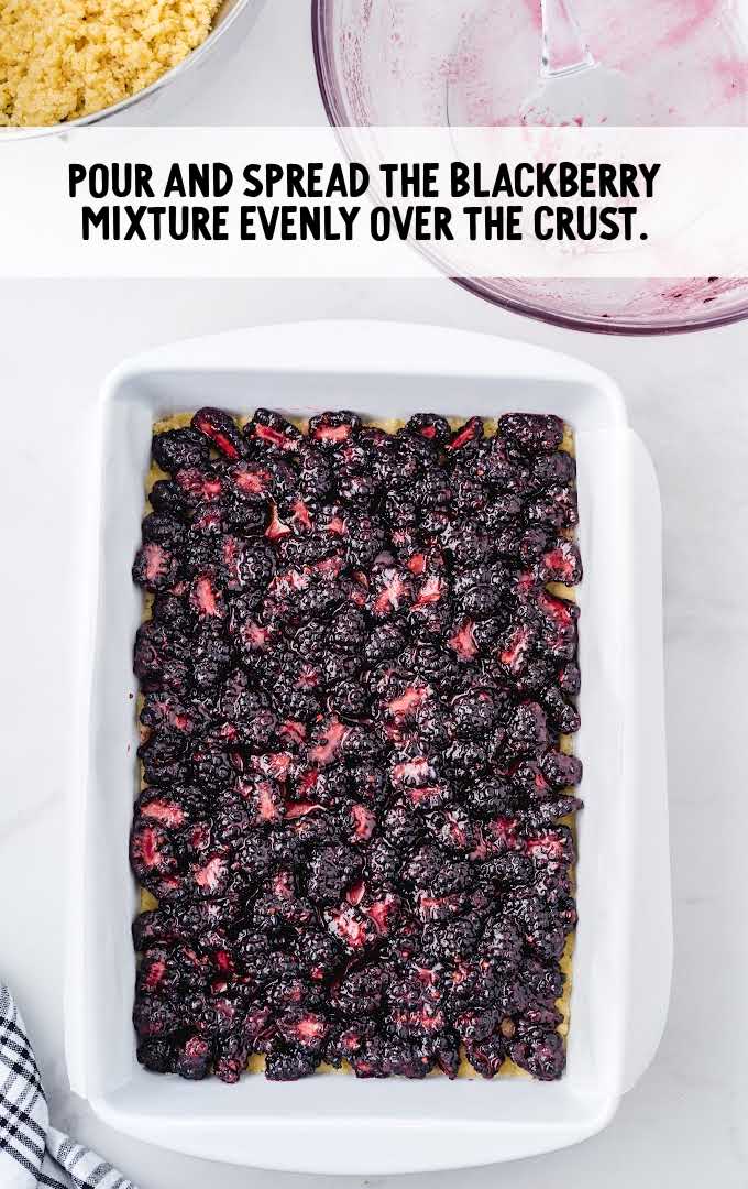 Blackberry Pie Bars process shot of blackberry mixture in a baking dish