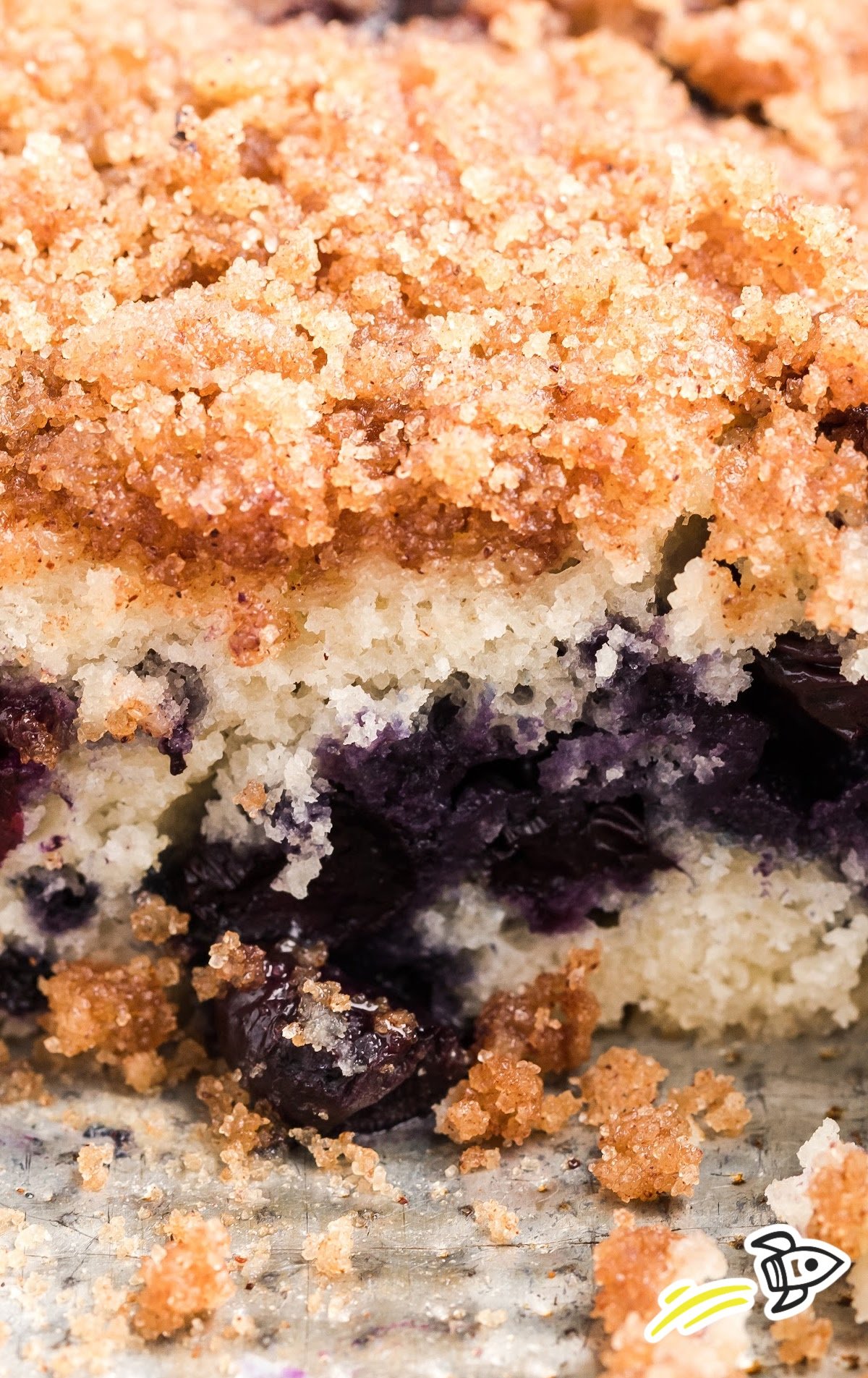 close up shot of a piece of Blueberry Coffee Cake 