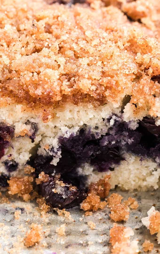 close up shot of blueberry coffee cake