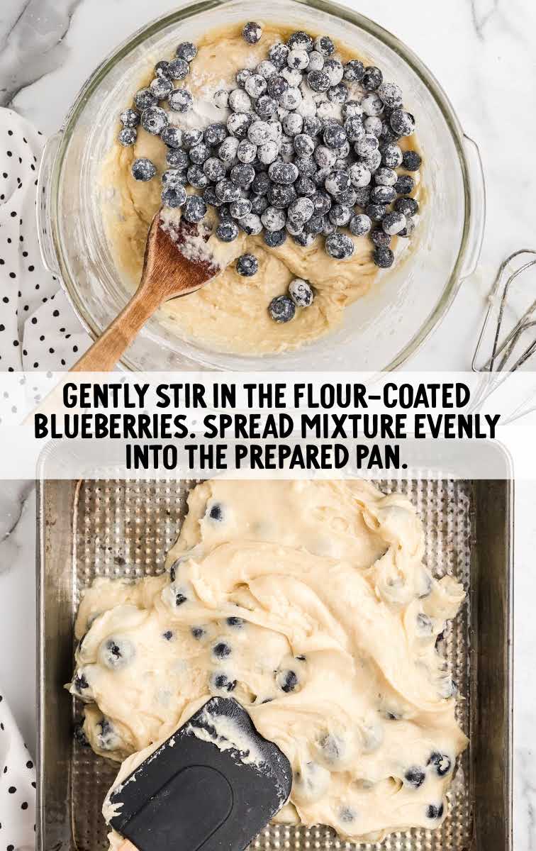 blueberry coffee cake process shot of ingredients in a bowl and spread into a baking dish