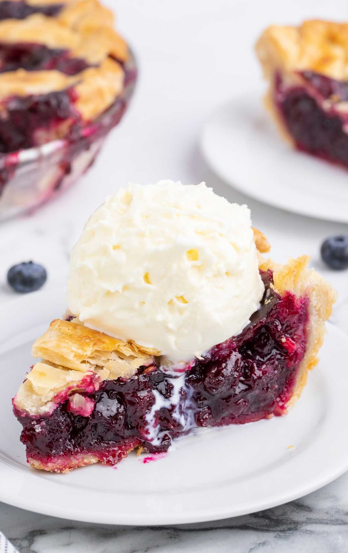 close up shot of a slice of blueberry pie topped with vanilla ice cream on a plate