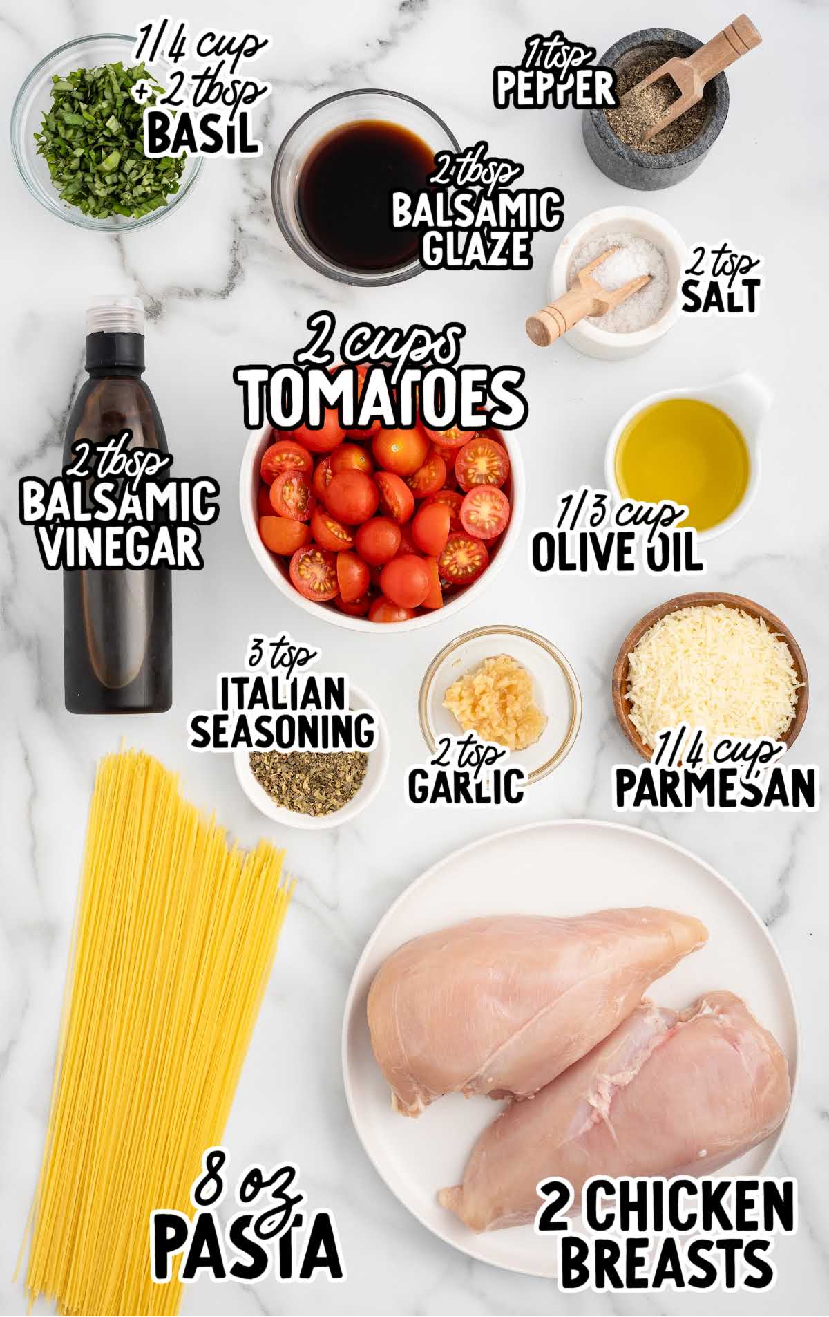 Bruschetta Chicken Pasta raw ingredients that are labeled