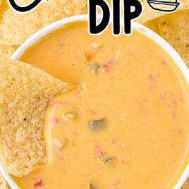 close up overhead shot of a bowl of Cheese Dip with a tortilla chip dipped into it