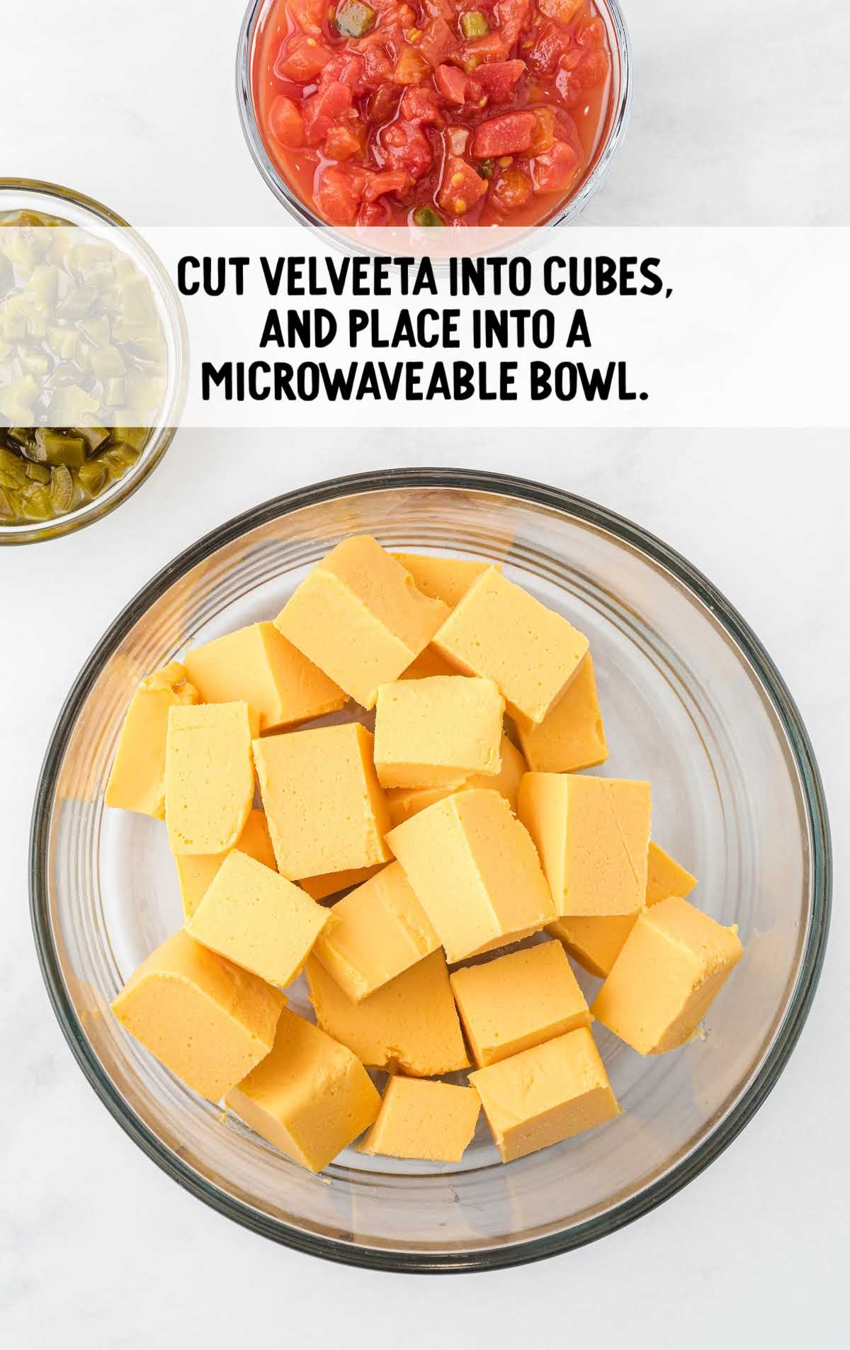 velveeta cheese cut into cubes and placed into a bowl