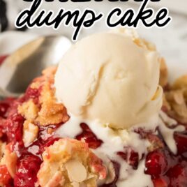 close up shot of a serving of cherry dump cake topped with vanilla ice cream on a plate