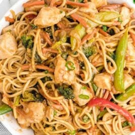 close up overhead shot of a bowl of Chicken Lo Mein