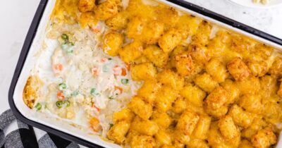 close up overhead shot of chicken pot pie with tater tots