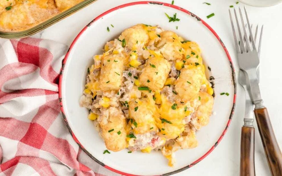 overhead shot of a plate of Cowboy Casserole garnished with chives