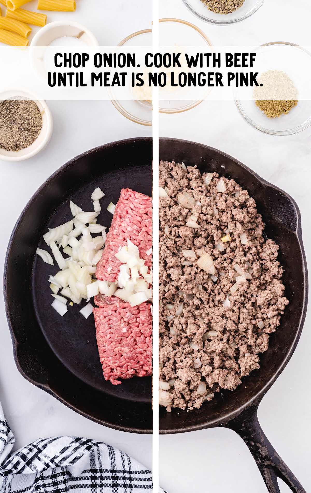 Split image showing raw ground beef and onions on one side and browned beef mixture on the other.