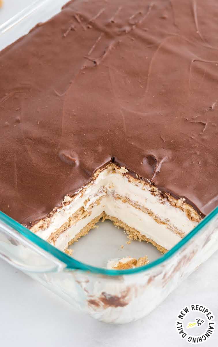 close up shot of Eclair Cake in a baking dish