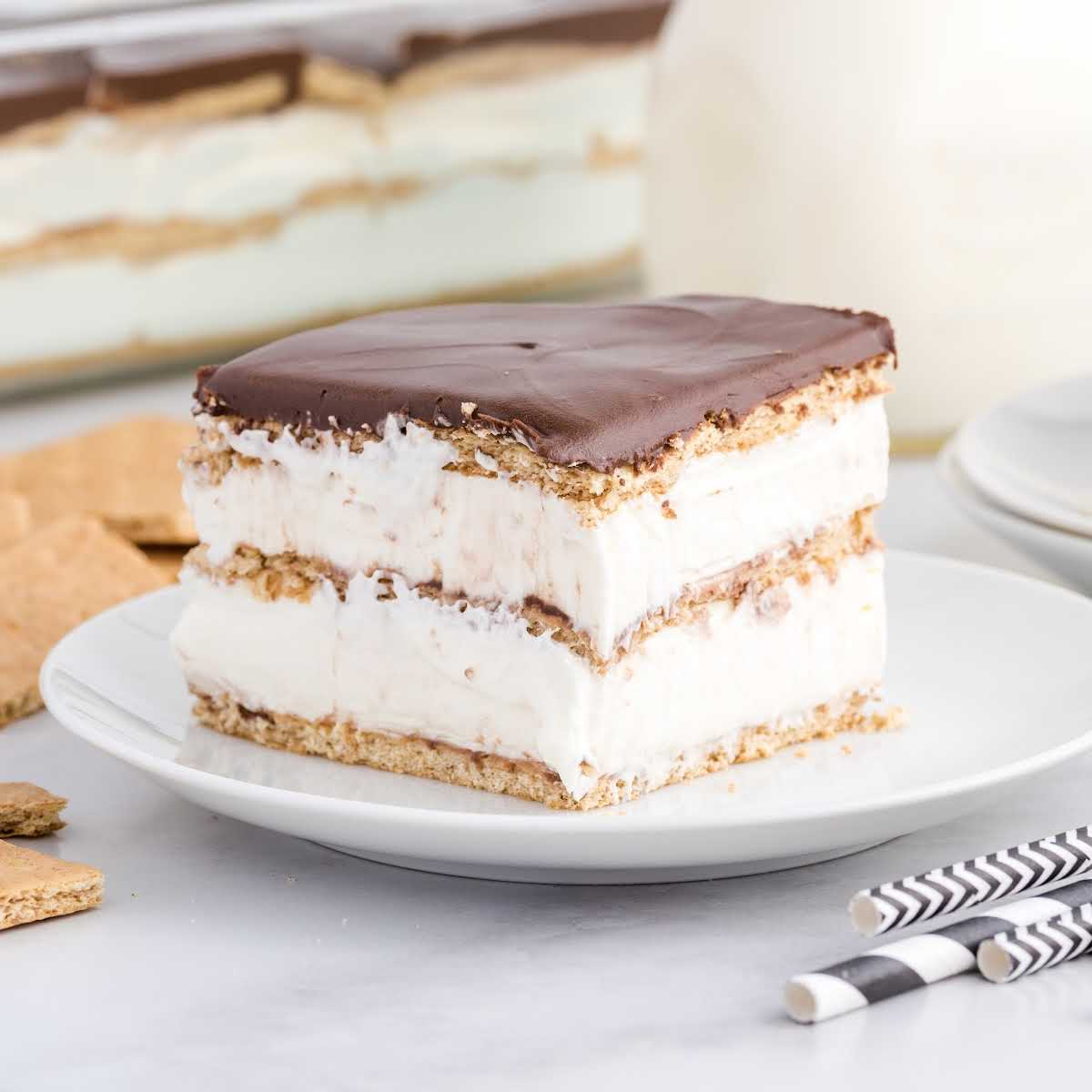 a slice of Eclair Cake on a plate